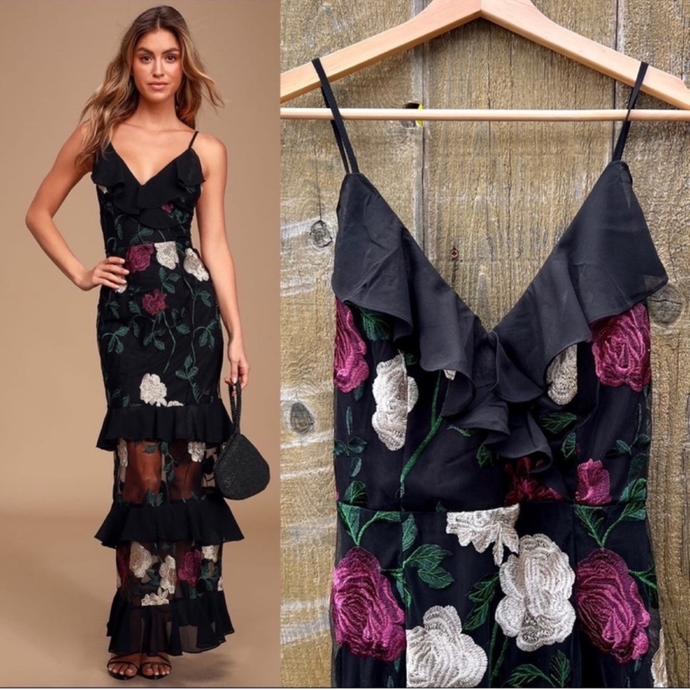 Black Floral Rose Embroidered Tiered Mesh Maxi Dress 🌿